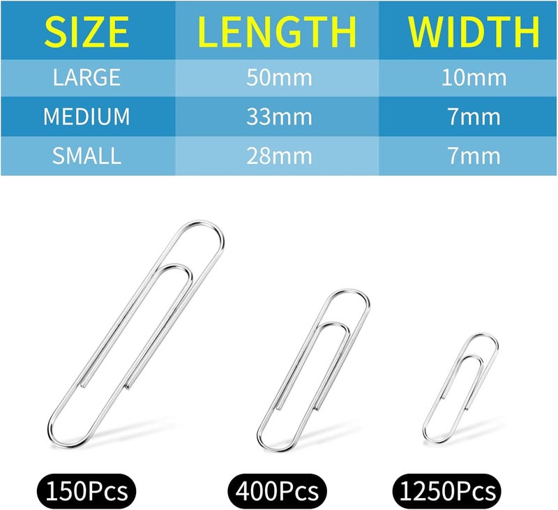 BainGesk 1800 Paper Clips Assorted Sizes Large, Medium and Small, Durable and Rustproof, Paperclips for Office School and Personal Use, Office Supplies Document Organizing (50mm, 33mm, 28mm) (Silver) - Image 2